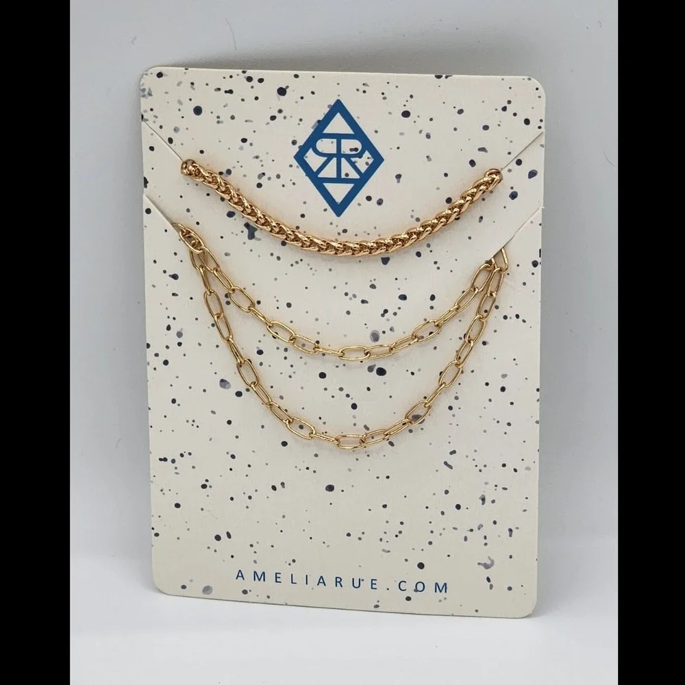 Amelia Rue Gold Tone Layered Necklace Set Wheat and Paperclip Chain Multi Strand